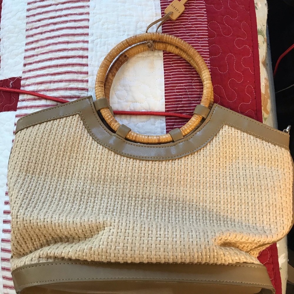 Fossil Woven Straw Tote Bag w Bamboo Ring Handles - Picture 3 of 10